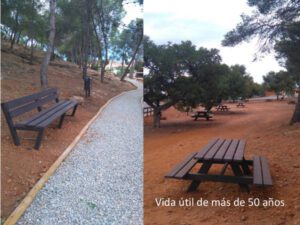 Detalle de mobiliario plástico reciclado montana san Cristóbal